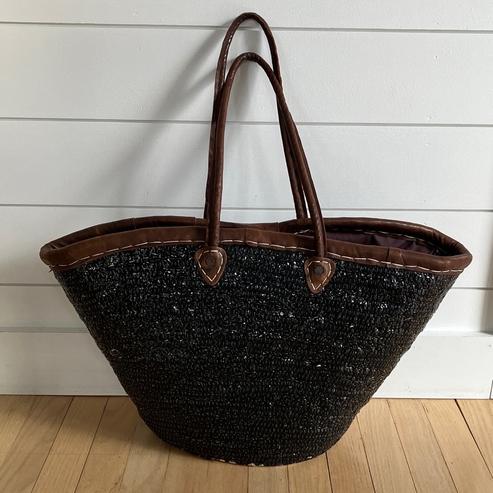 Anthropologie Monserrat De Lucca Black Straw sequin Tote with Brown Leather Trim